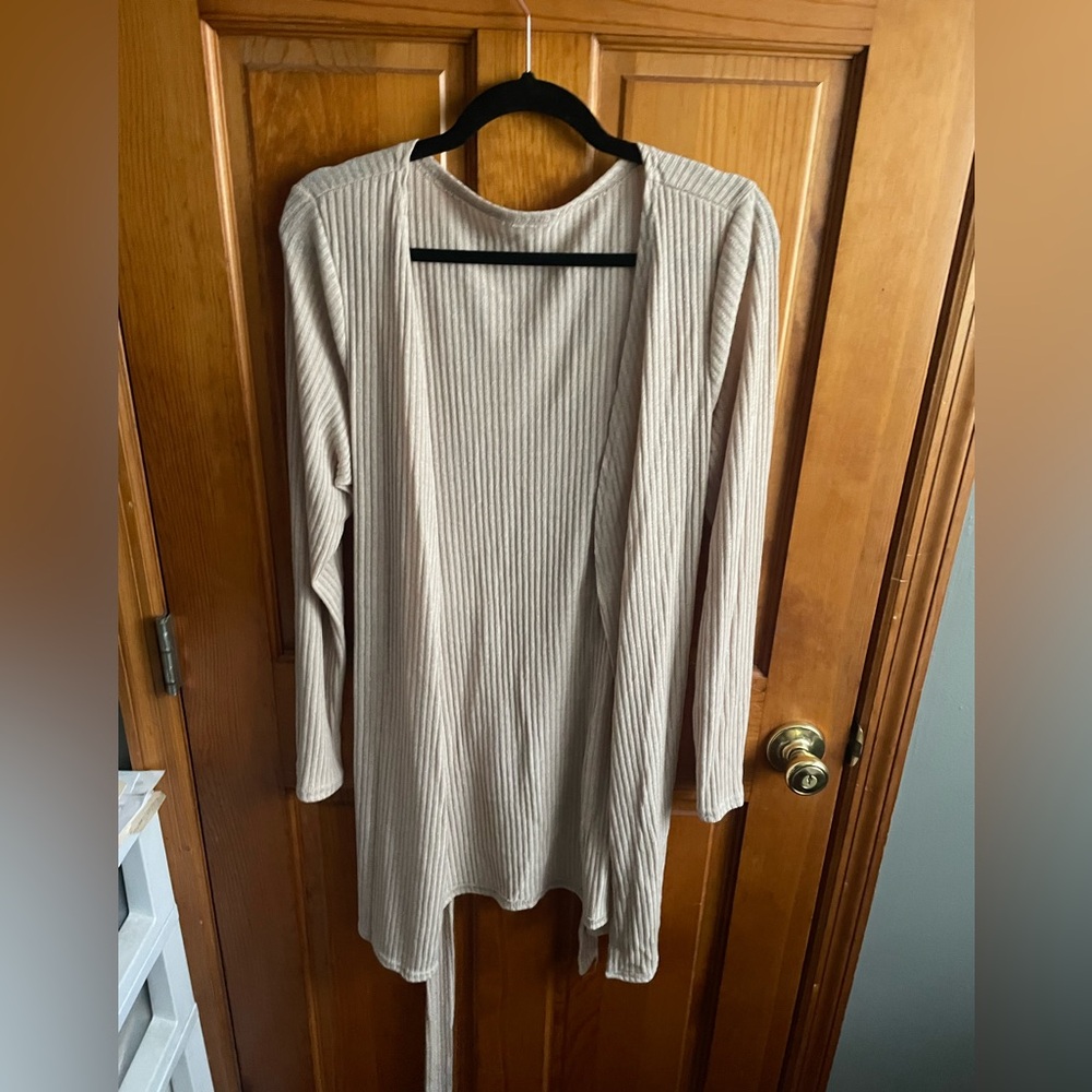 Beige Ribbed Open Cardigan
